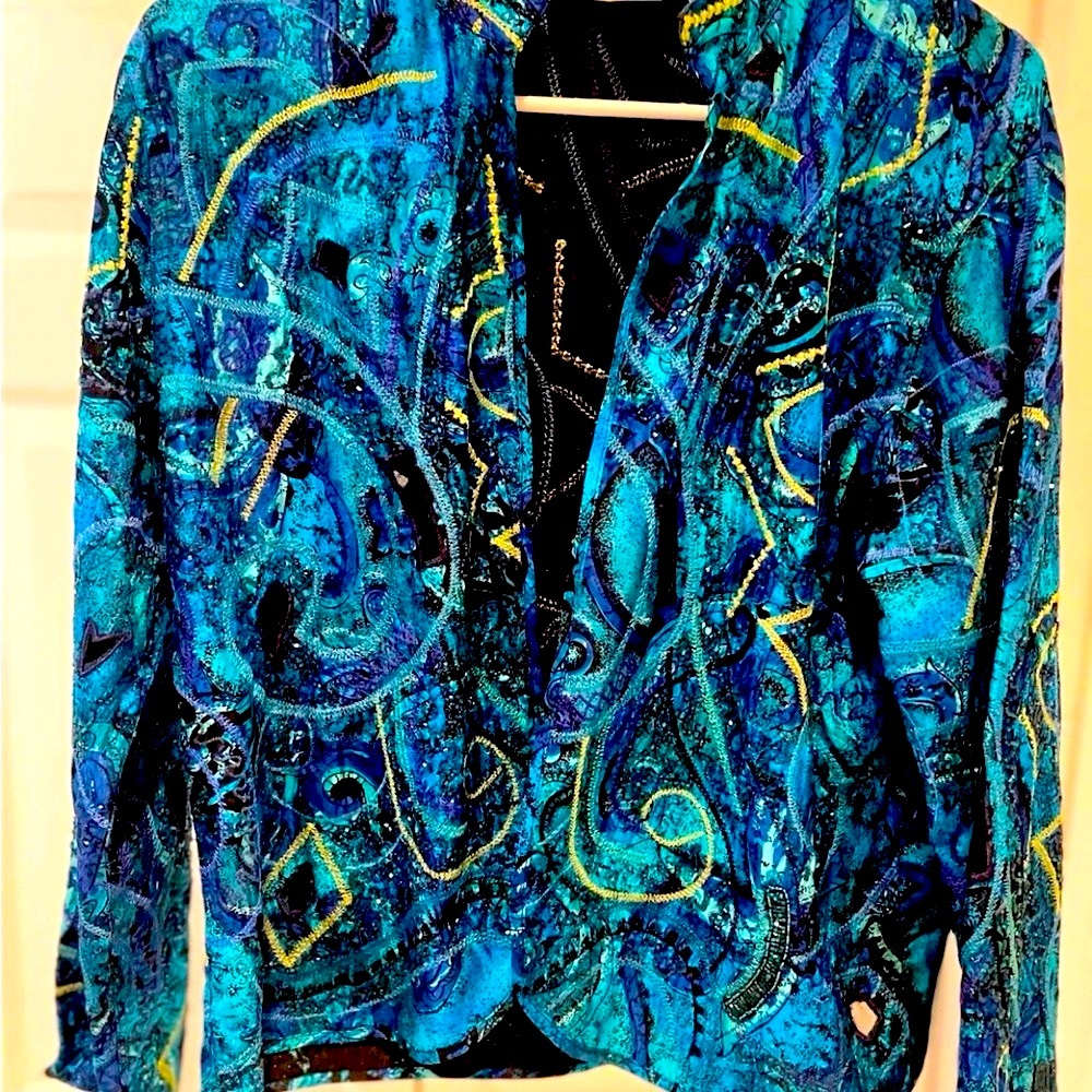 Chico's Vibrant Blue and Black Patterned Blazer Embroidered Lightweight Size 0